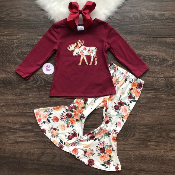 Other - Boutique Toddler Girl Floral Moose Outfit Set